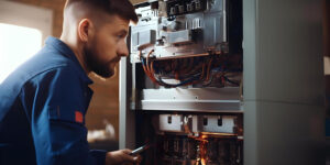 A man is engaged in maintenance work on a furnace unit, showcasing expertise.