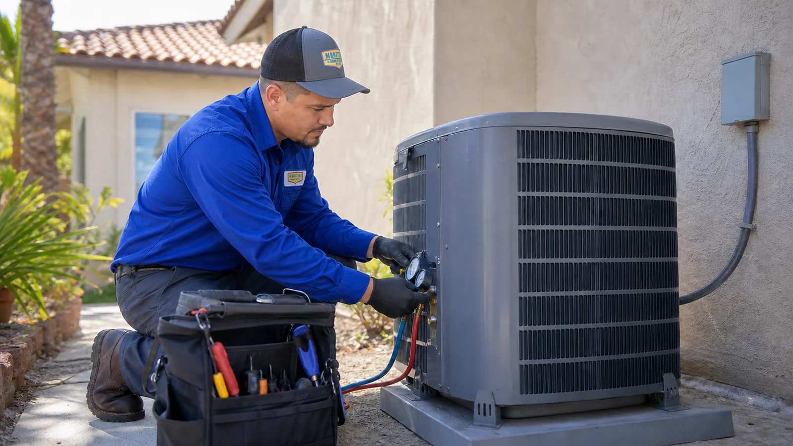 HVAC technician performing AC maintenance at a Los Angeles home