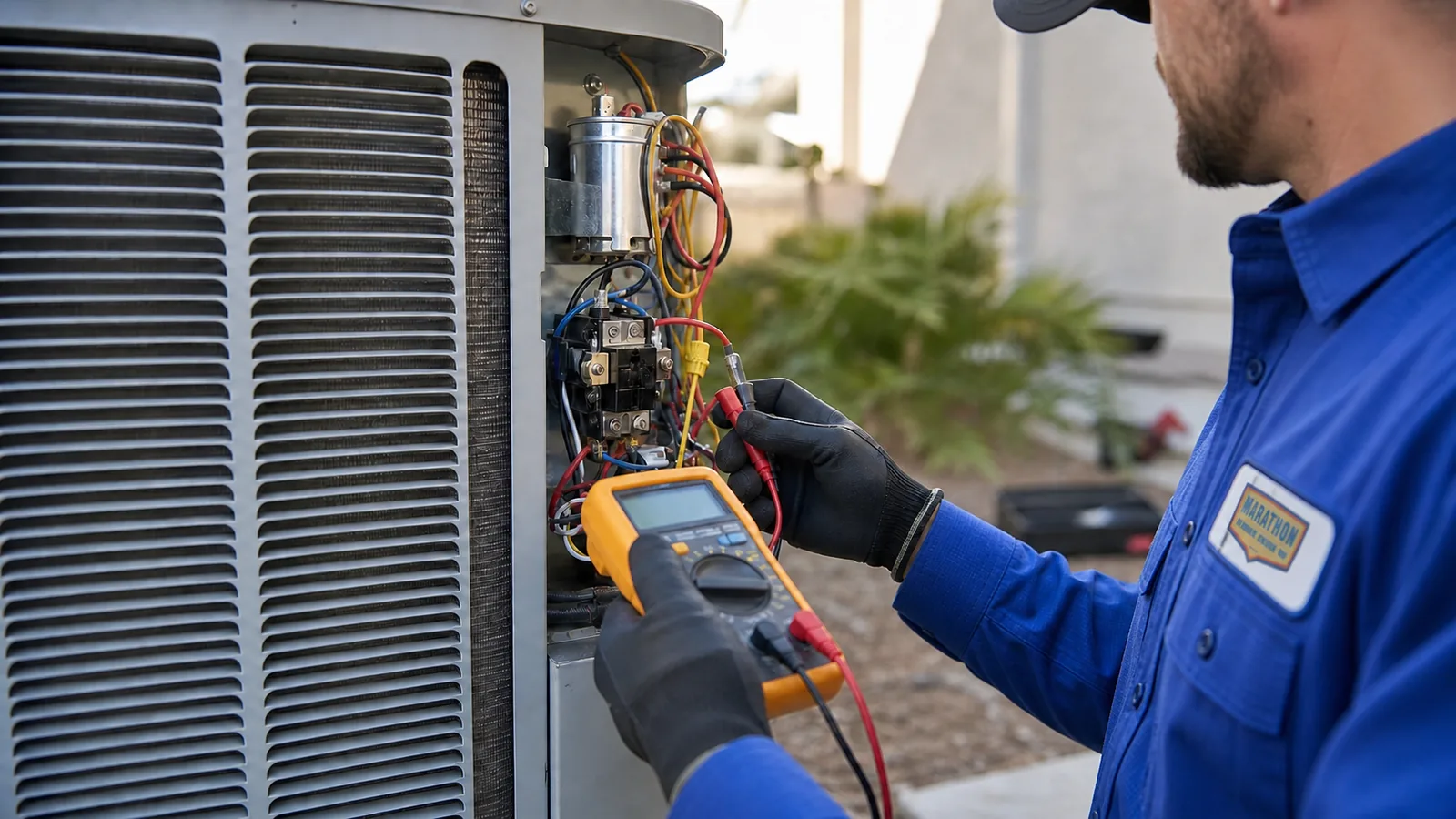 Technician inspecting an air conditioner during an AC tune-up in Los Angeles